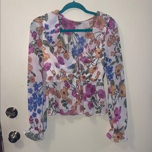 Floral Tie-Front Sheer Blouse - White with Pink, Blue & Yellow Flowers